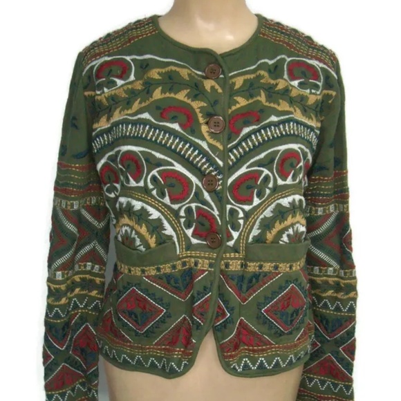 Johnny Was Jackets & Blazers - Johnny Was JW Los Angeles Womens Embroidered Cardigan Jacket Cotton Small Green
